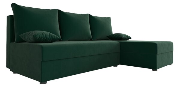 Ágyazható, kétoldalas L alakú kanapé VALERIO SLIM 200x140 cm, sötétzöld színű + 2 db díszpárna INGYEN