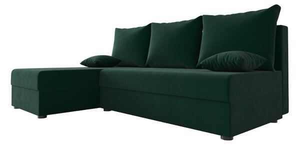 Ágyazható, kétoldalas L alakú kanapé VALERIO SLIM 200x140 cm, sötétzöld színű + 2 db díszpárna INGYEN