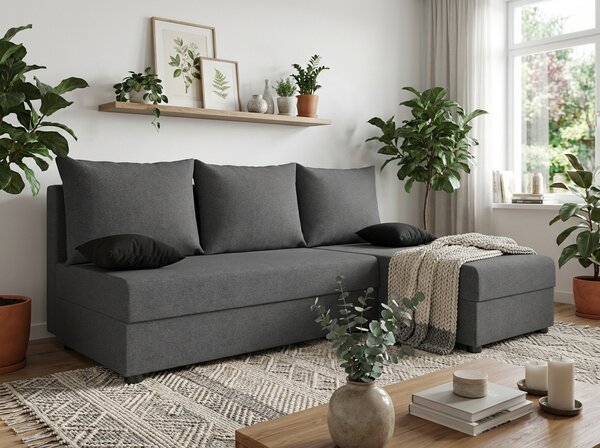 Ágyazható, kétoldalas L alakú kanapé VALERIO SLIM 200x140 cm, sötétszürke színű + 2 db díszpárna INGYEN
