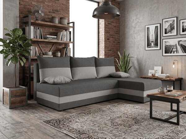 Ágyazható, kétoldalas L alakú kanapé VALERIO SLIM 200x140 cm, sötétszürke/világosszürke színű + 2 db díszpárna INGYEN