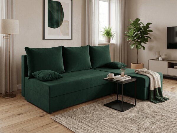 Ágyazható, kétoldalas L alakú kanapé VALERIO SLIM 200x140 cm, sötétzöld színű + 2 db díszpárna INGYEN