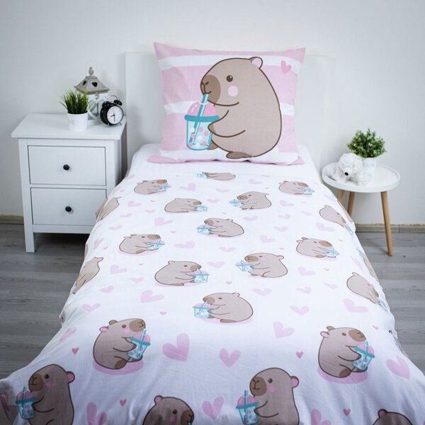 Rózsaszín egyszemélyes pamut gyerek ágyneműhuzat 140x200 cm Kapybara – Jerry Fabrics