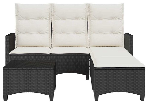 3 részes fekete polyrattan kerti ülőgarnitúra párnával L-alakú