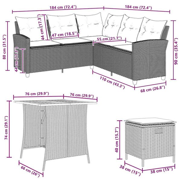 6 részes szürke polyrattan kerti ülőgarnitúra párnákkal L-alakú