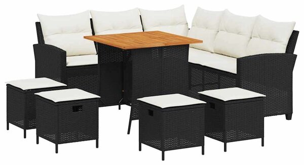 6 részes fekete polyrattan kerti ülőgarnitúra párnával L-alakú