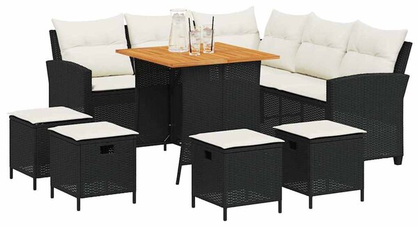 6 részes fekete polyrattan kerti ülőgarnitúra párnával L-alakú