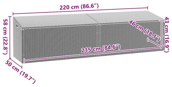Szürke polyrattan kerti tárolóláda 220x50x58 cm