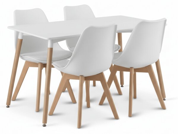 Étkezőgarnitúra 1 + 4, fehér asztal ADRIA 120x80 cm + fehér szék BALI MARK bükk lábakkal