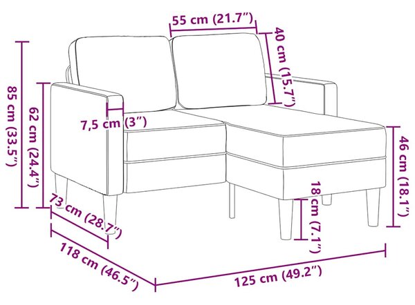 Kétszemélyes, L alakú, fekete műbőr kanapé heverővel 125 cm