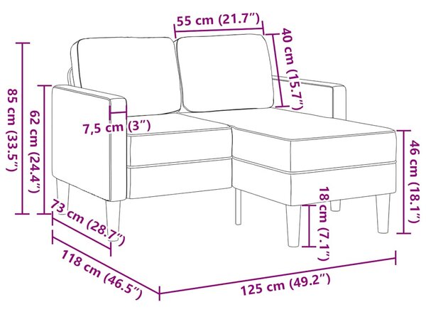 Szürke műbőr 2 üléses kanapé L-alakú kanapéval 125 cm