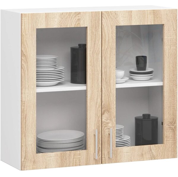 Felső kétajtós vitrines szekrény TRIVORA - szélesség 80 cm, fehér / sonoma tölgy