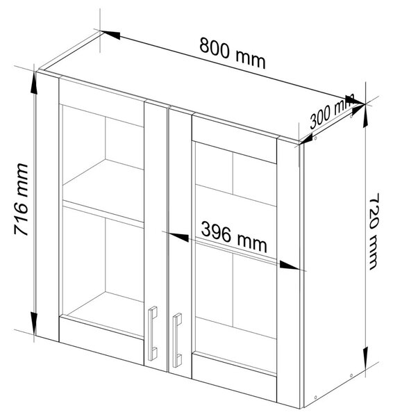 Felső kétajtós vitrines szekrény TRIVORA - szélesség 80 cm, fehér / sonoma tölgy