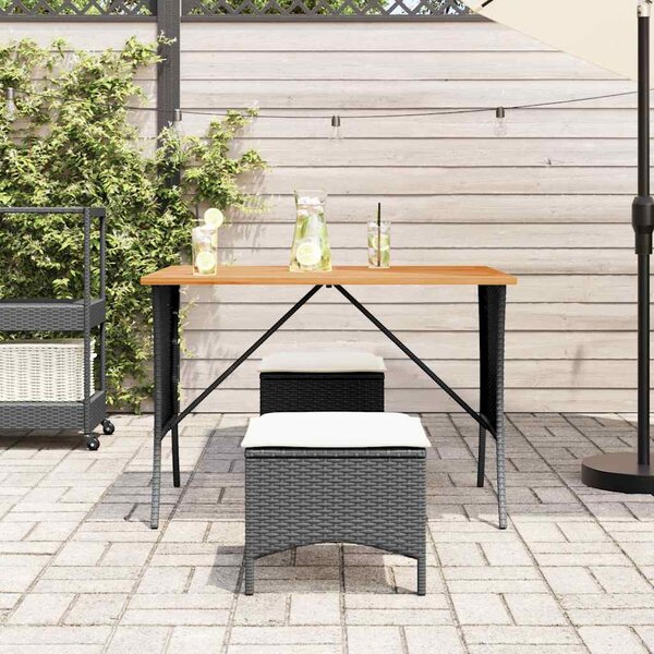 Fekete polyrattan kerti asztal akácfa lappal 105x75x72 cm