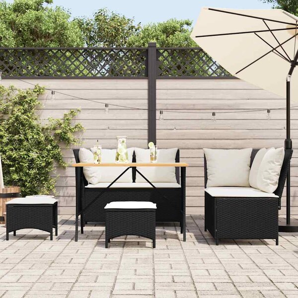 5 részes fekete polyrattan kerti kanapészett párnákkal