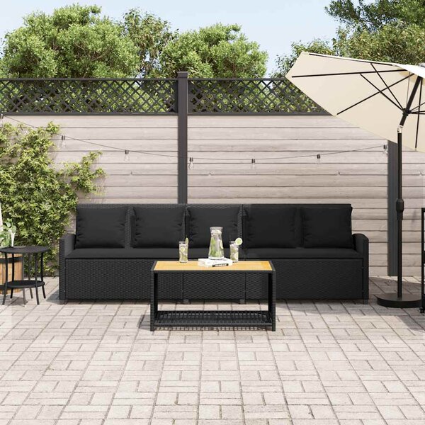 5 személyes fekete polyrattan kerti kanapé párnával