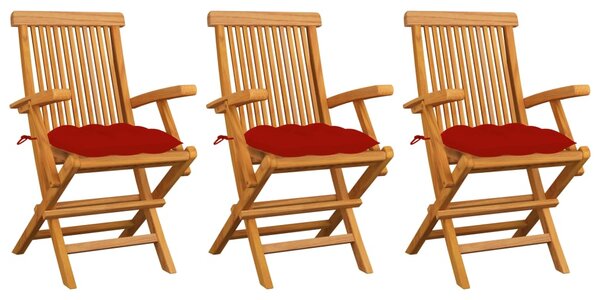 VidaXL 3 db tömör tíkfa kerti szék piros párnával