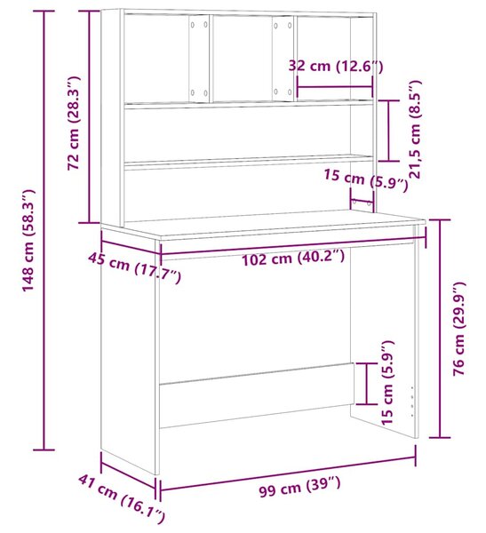 Fekete tölgy szerelt fa íróasztal polcokkal 102 x 45 x 148 cm