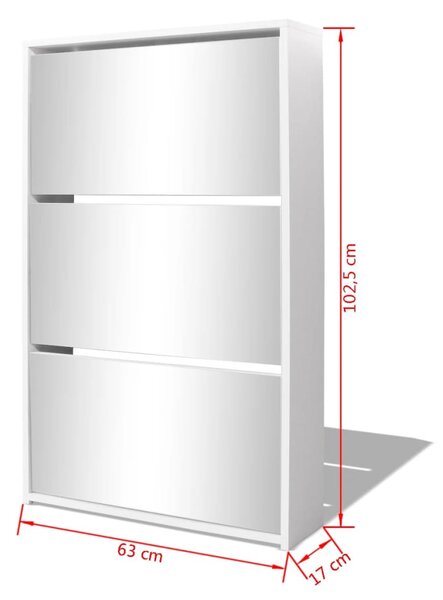 3 szintes fehér cipőszekrény tükörrel 63 x 17 x 102,5 cm