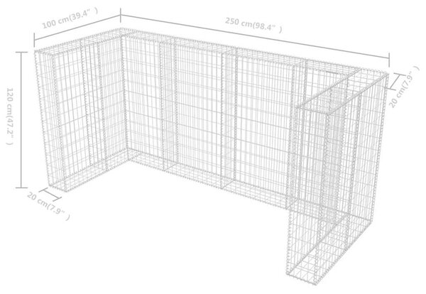 Acél gabion 3 db gurulós kukához 250 x 100 x 120 cm