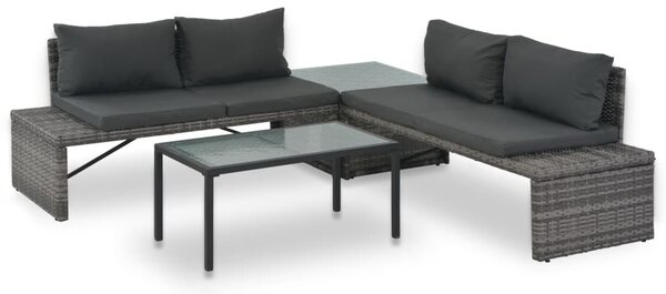 3-részes szürke polyrattan kerti bútorszett párnákkal