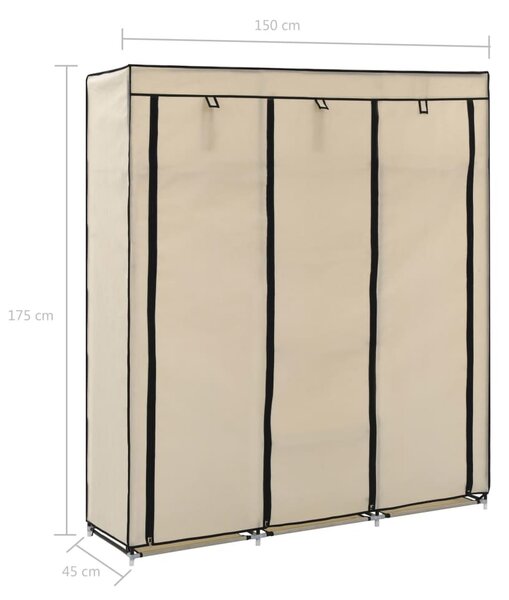 Krém szövet ruhásszekrény rekeszekkel és rudakkal 150x45x175 cm