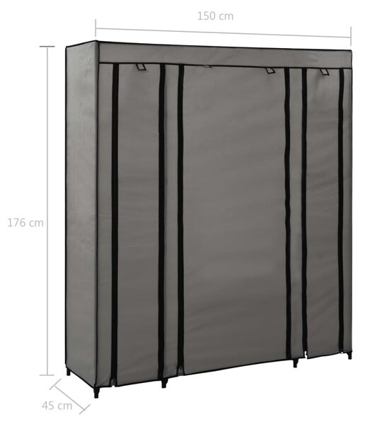 Szürke szövet ruhásszekrény tárolórekeszekkel 150 x 45 x 176 cm
