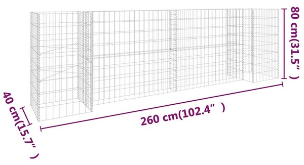 H alakú acéldrót virágtartó gabion 260 x 40 x 80 cm