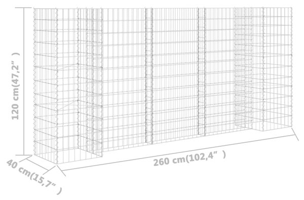 H alakú acéldrót virágtartó gabion 260 x 40 x 120 cm