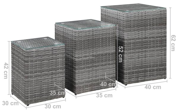 3 db szürke polyrattan kisasztal üveg asztallappal