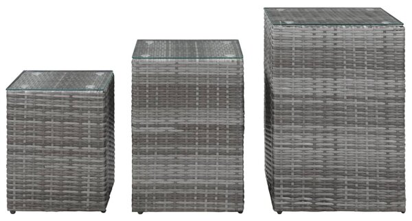 3 db szürke polyrattan kisasztal üveg asztallappal
