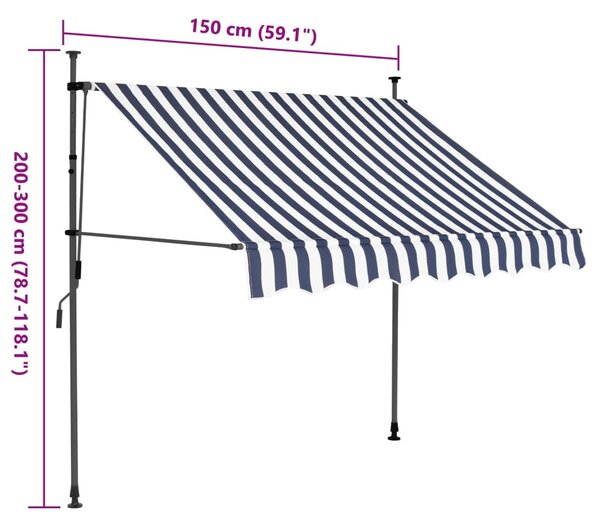 Kék és fehér kézzel kihúzható LED-es napellenző 150 cm