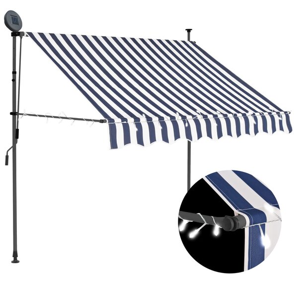 Kék és fehér kézzel kihúzható LED-es napellenző 150 cm