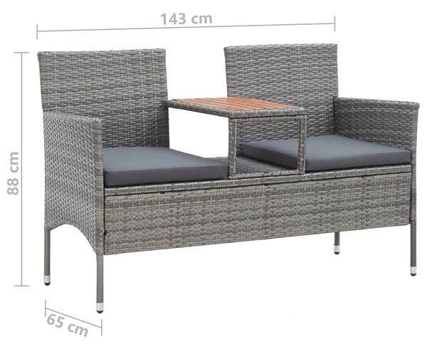 Kétszemélyes szürke polyrattan kerti pad teázóasztallal 143 cm