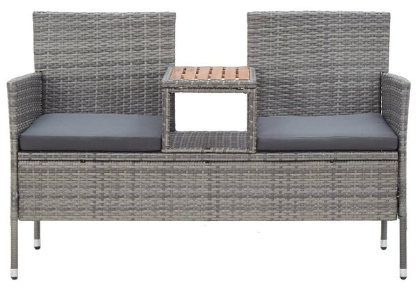 Kétszemélyes szürke polyrattan kerti pad teázóasztallal 143 cm