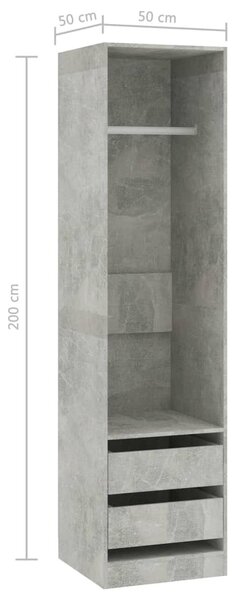 Betonszürke szerelt fa ruhásszekrény fiókokkal 50 x 50 x 200 cm