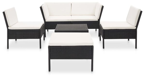 6-részes fekete polyrattan kerti bútorszett párnákkal