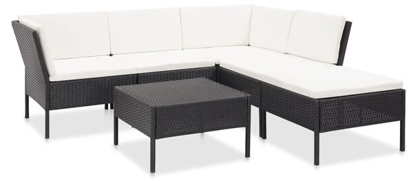6-részes fekete polyrattan kerti bútorszett párnákkal