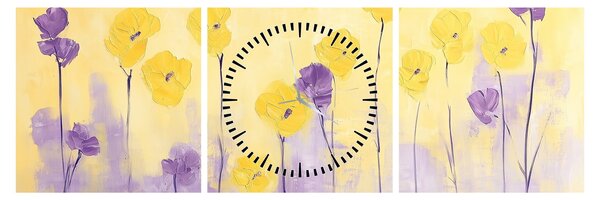 Kép - Lila és sárga virágok (órával) (90x30 cm)