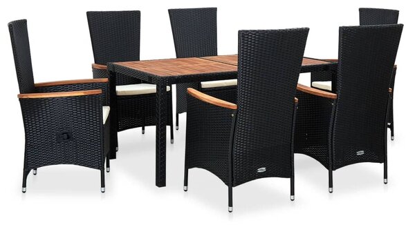 7 részes fekete kültéri polyrattan és akácfa étkezőszett