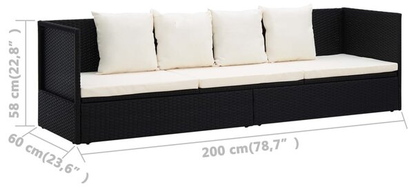 Fekete polyrattan kerti ágy hát- és ülőpárnákkal