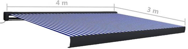 Kék és fehér motorizált kazettás napellenző 400 x 300 cm