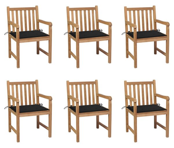 VidaXL 6 db tömör tíkfa kerti szék fekete párnákkal
