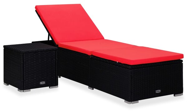 Piros polyrattan napozóágy párnával és teázóasztallal