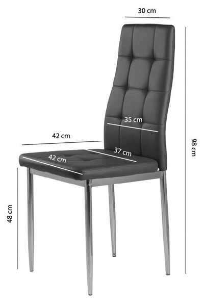 4 db-os székkészlet nappaliba vagy étkezőbe, egyszerű steppelt szék, krómozott lábak, szürke ökobőr