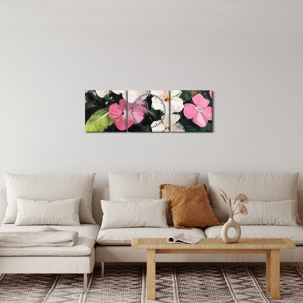 Kép - Rózsaszín és fehér virágok (órával) (90x30 cm)