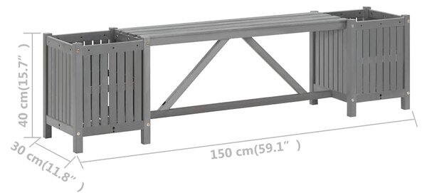 Szürke tömör akácfa kerti pad 2 virágtartóval 150 cm