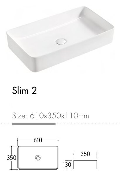 Eros SLIM 2 - PULTRA ültethető - Top Counter - porcelán mosdó - 61 x 35 x 11 cm