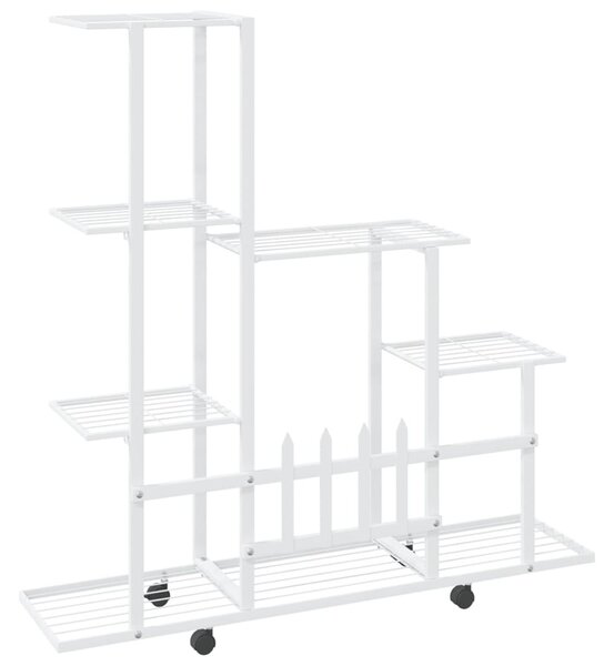 Fehér acél virágtartó állvány kerékkel 94,5 x 25 x 92,5 cm
