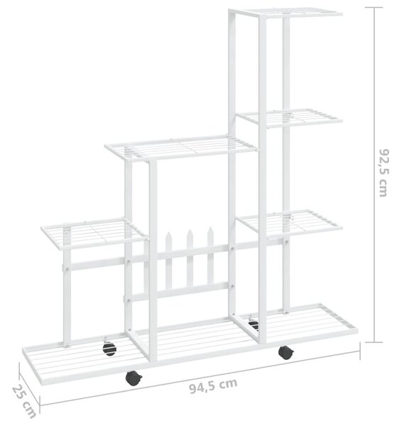 Fehér acél virágtartó állvány kerékkel 94,5 x 25 x 92,5 cm