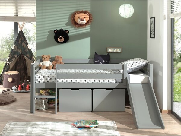 Pino szürke magasított gyerekágy csúszdával, 90 x 200 cm - Vipack